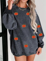 Pumpkin Round Neck Long Sleeve Sweatshirt Dark Gray OutfitFlow