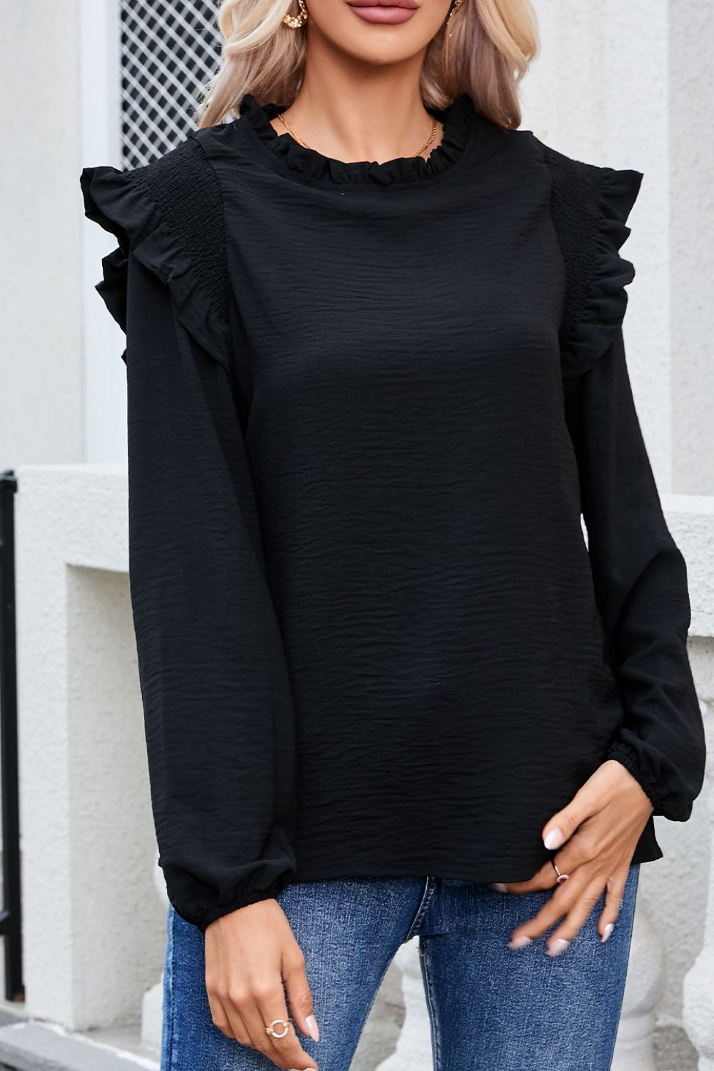 Frill Mock Neck Ruffled Balloon Sleeve Blouse Black OutfitFlow