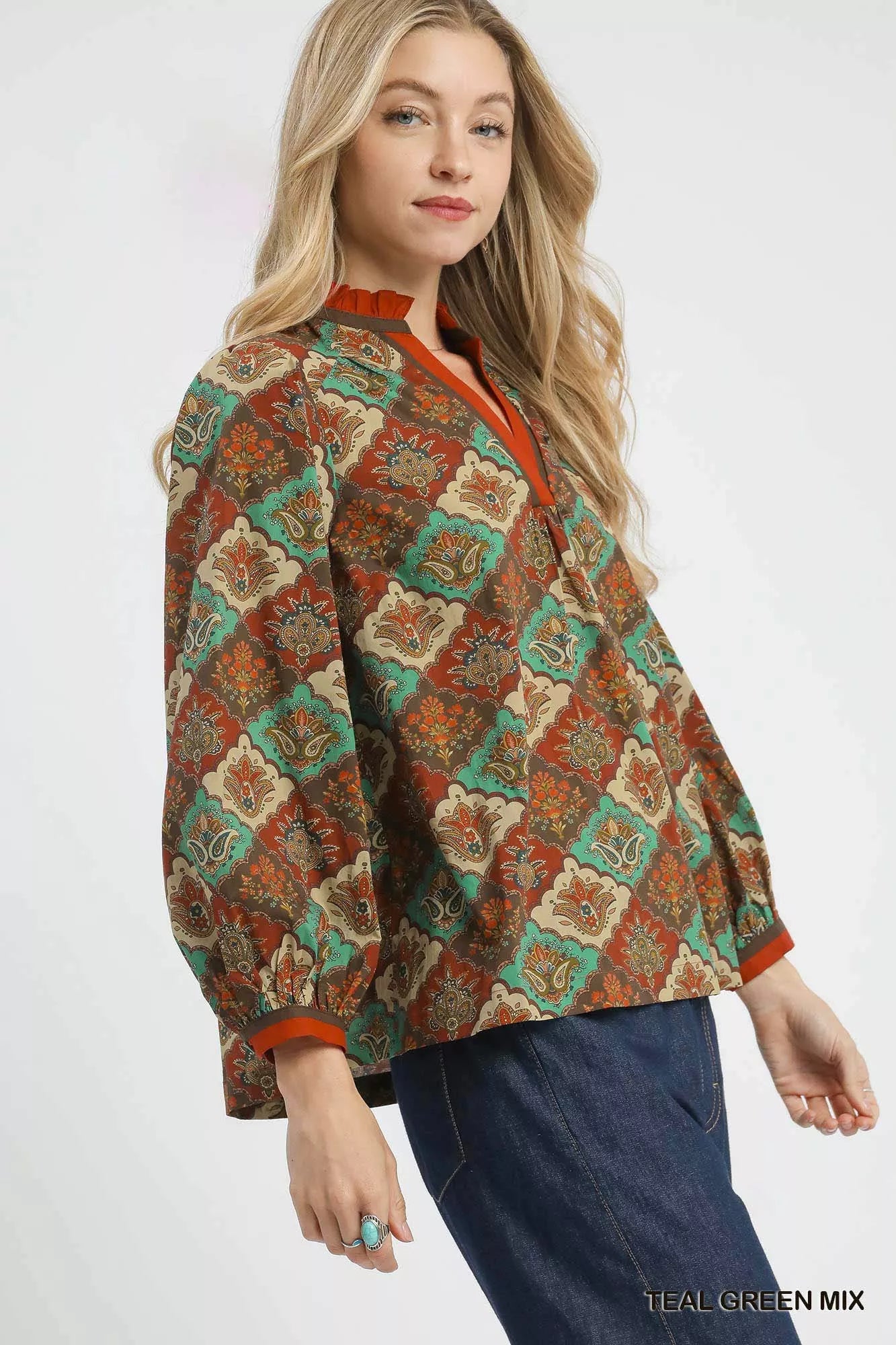 Umgee Abstract Print Ruffle Neck Top OutfitFlow