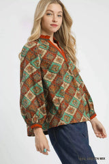 Umgee Abstract Print Ruffle Neck Top OutfitFlow