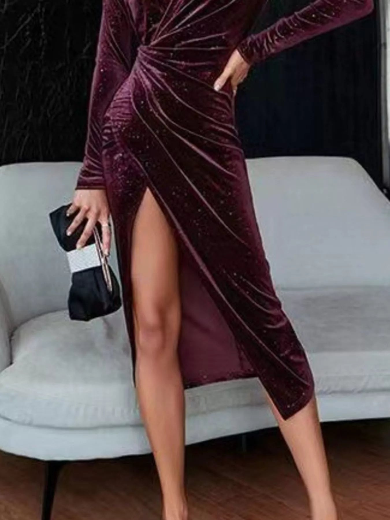 Velvet Ruched Slit Midi Dress Trendsi
