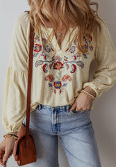 Outfit Flow - Embroidered Notched Long Sleeve Blouse