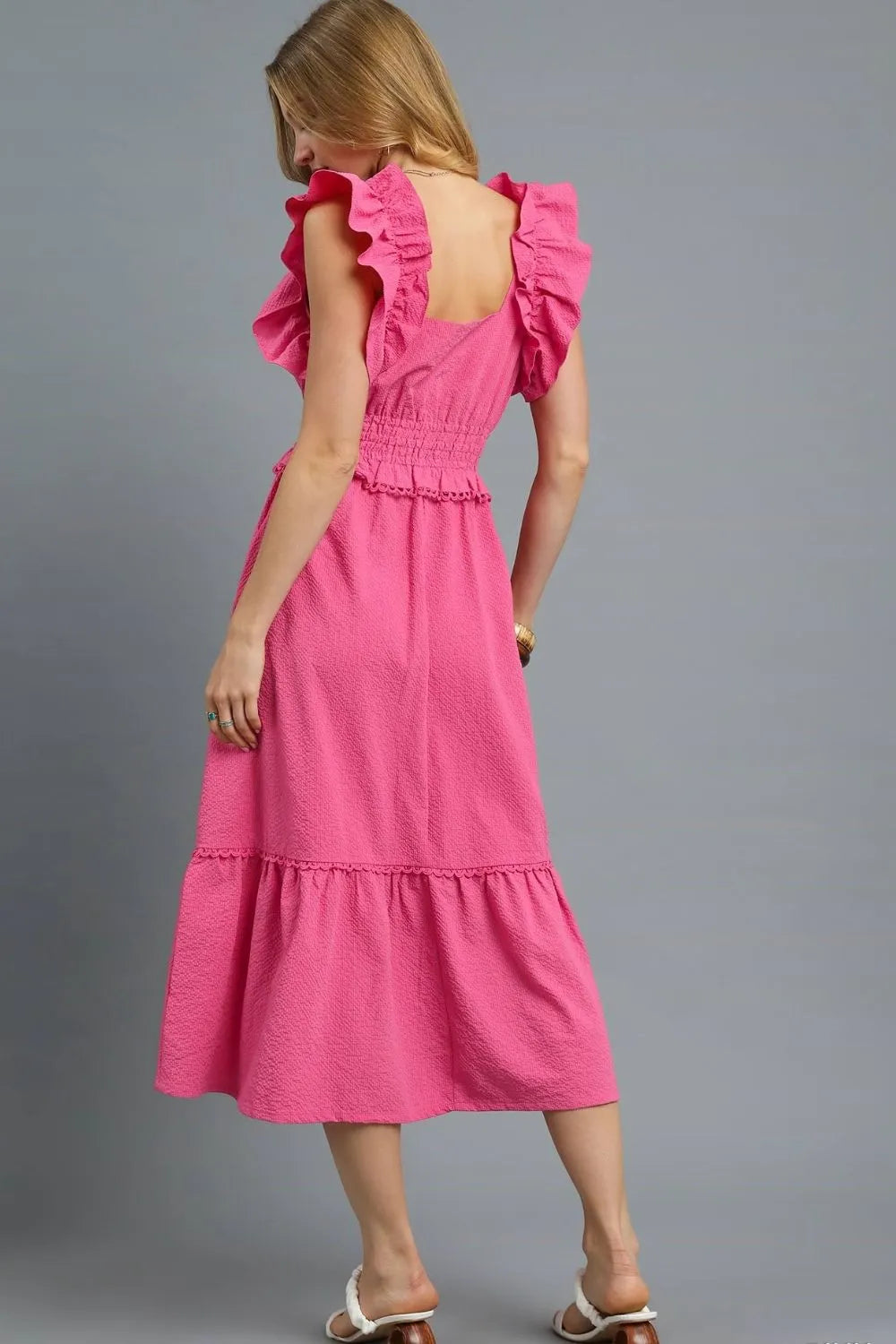 Umgee V-Neck Ruffled Cap Sleeve Midi Dress OutfitFlow