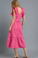 Umgee V-Neck Ruffled Cap Sleeve Midi Dress OutfitFlow