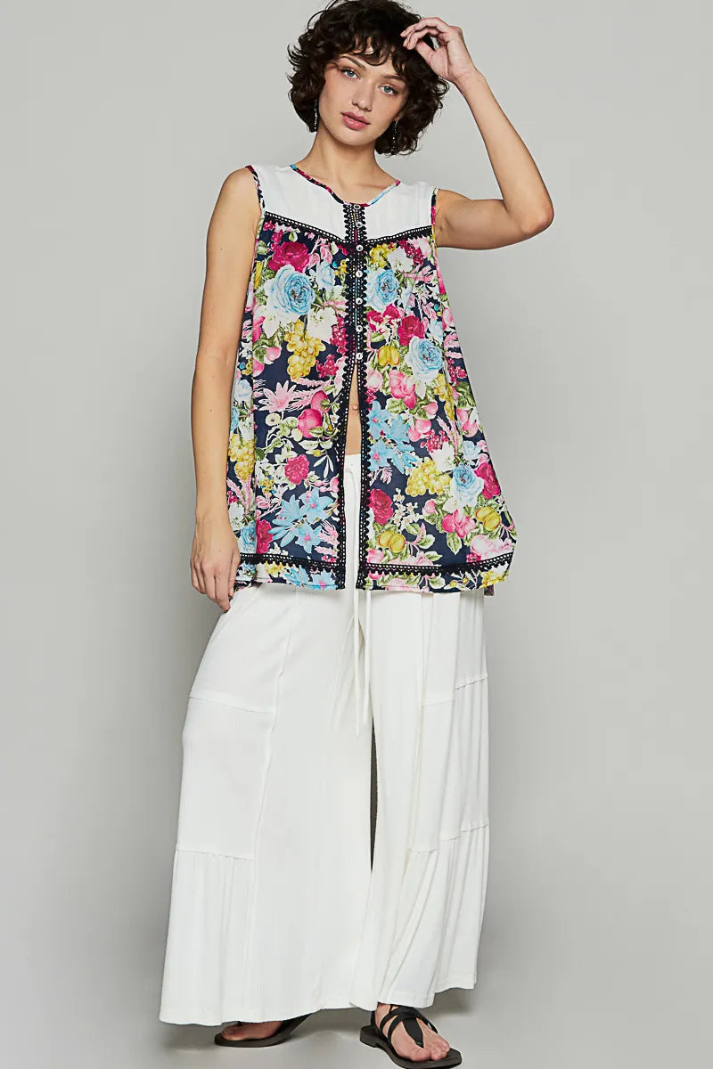 POL Lace Detail Floral Print Sleeveless Blouse OutfitFlow