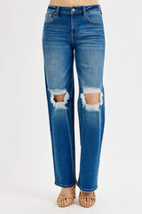 RISEN Full Size Mid Waist Fit Boyfriend Knee Distressed Jeans Plus Size OutfitFlow
