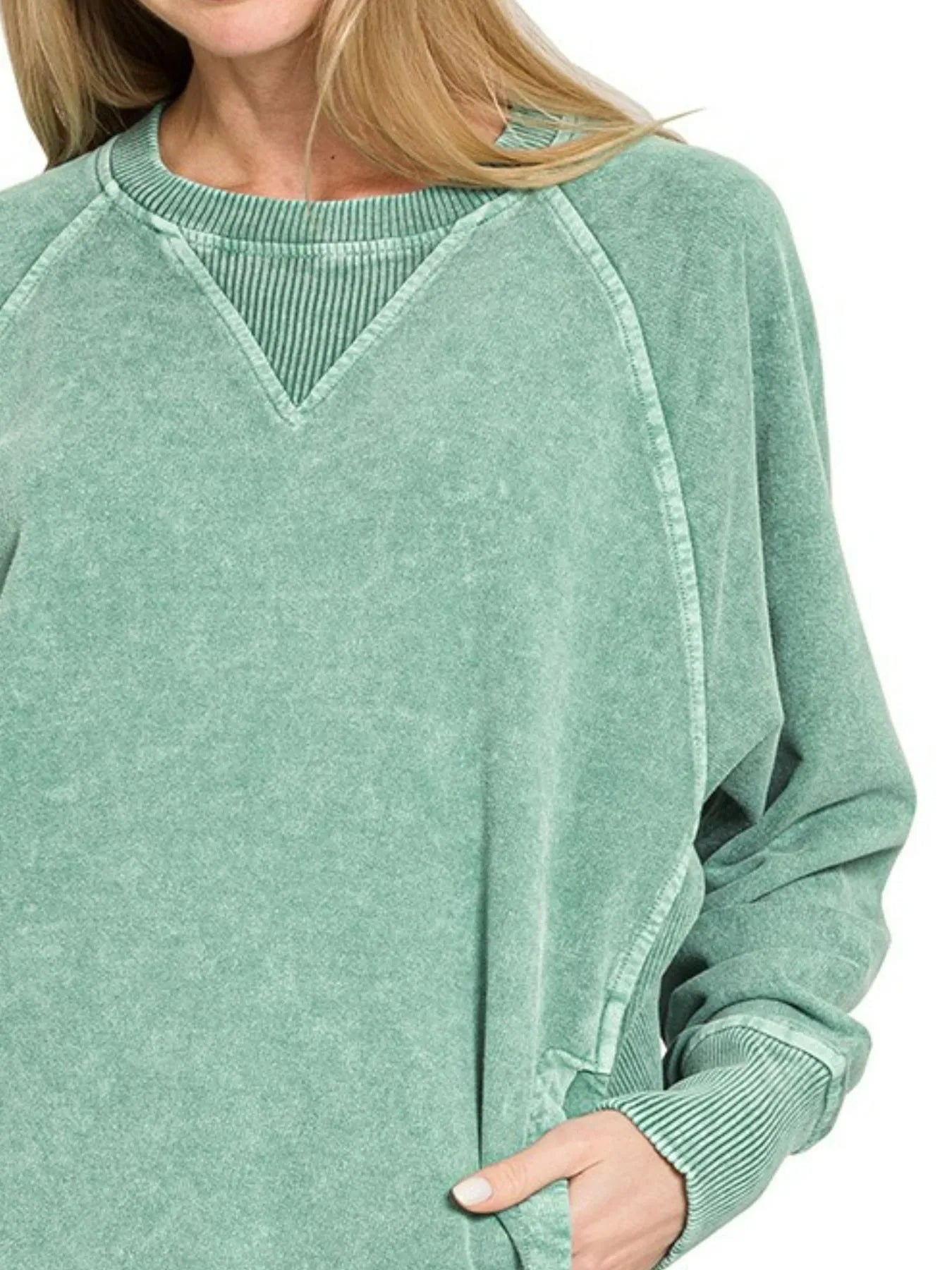 Zenana Halo Snow Washed French Terry Round Neck Sweatshirt Trendsi