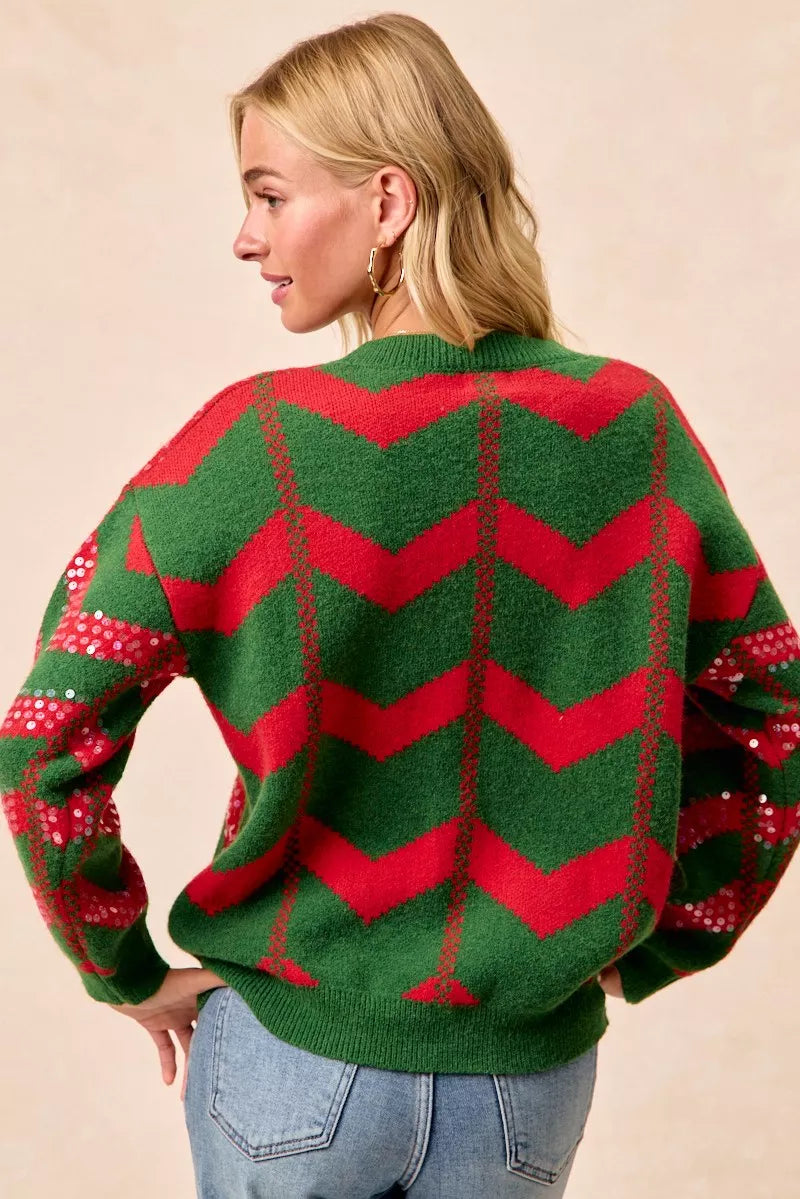 BiBi Christmas Theme Chevron Sequins Detail Sweater OutfitFlow