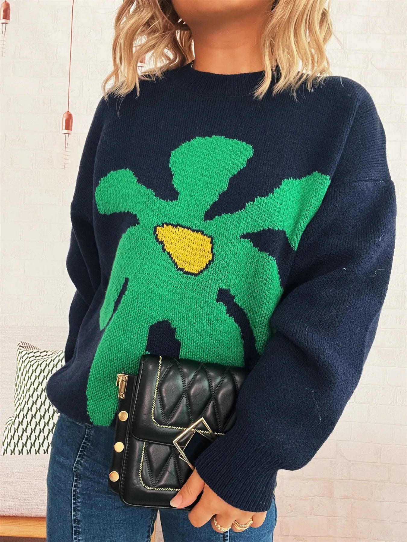 Flower Dropped Shoulder Sweater Dark Blue One Size Trendsi