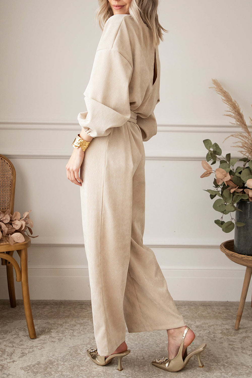 Outfit Flow - V-Neck Tie Waist Wide Leg Jumpsuit