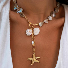 Bohemian Seashell Starfish Pendant Necklace Gold One Size OutfitFlow