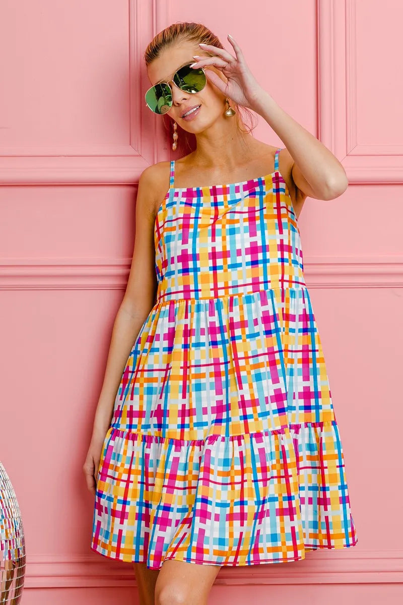 BiBi Multi Colors Plaid Sleeveless Sun Dress OutfitFlow