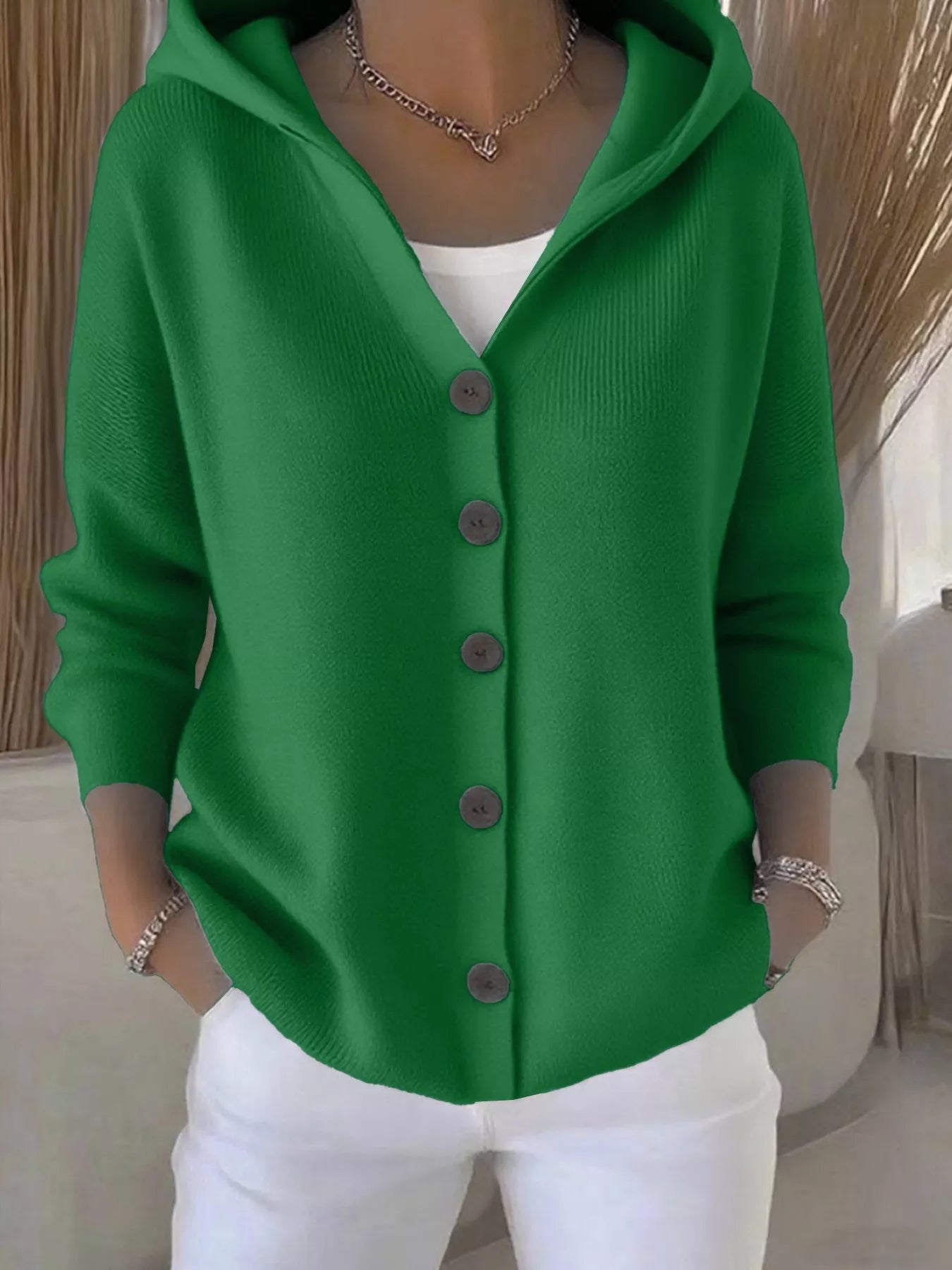 Full Size Hooded Button-Front Soft Knit Cardigan Plus Size Green OutfitFlow