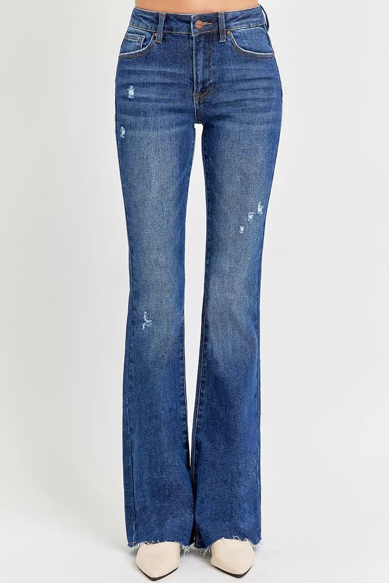 RISEN Full Size Distressed Mid Rise Flare Jeans Plus Size OutfitFlow