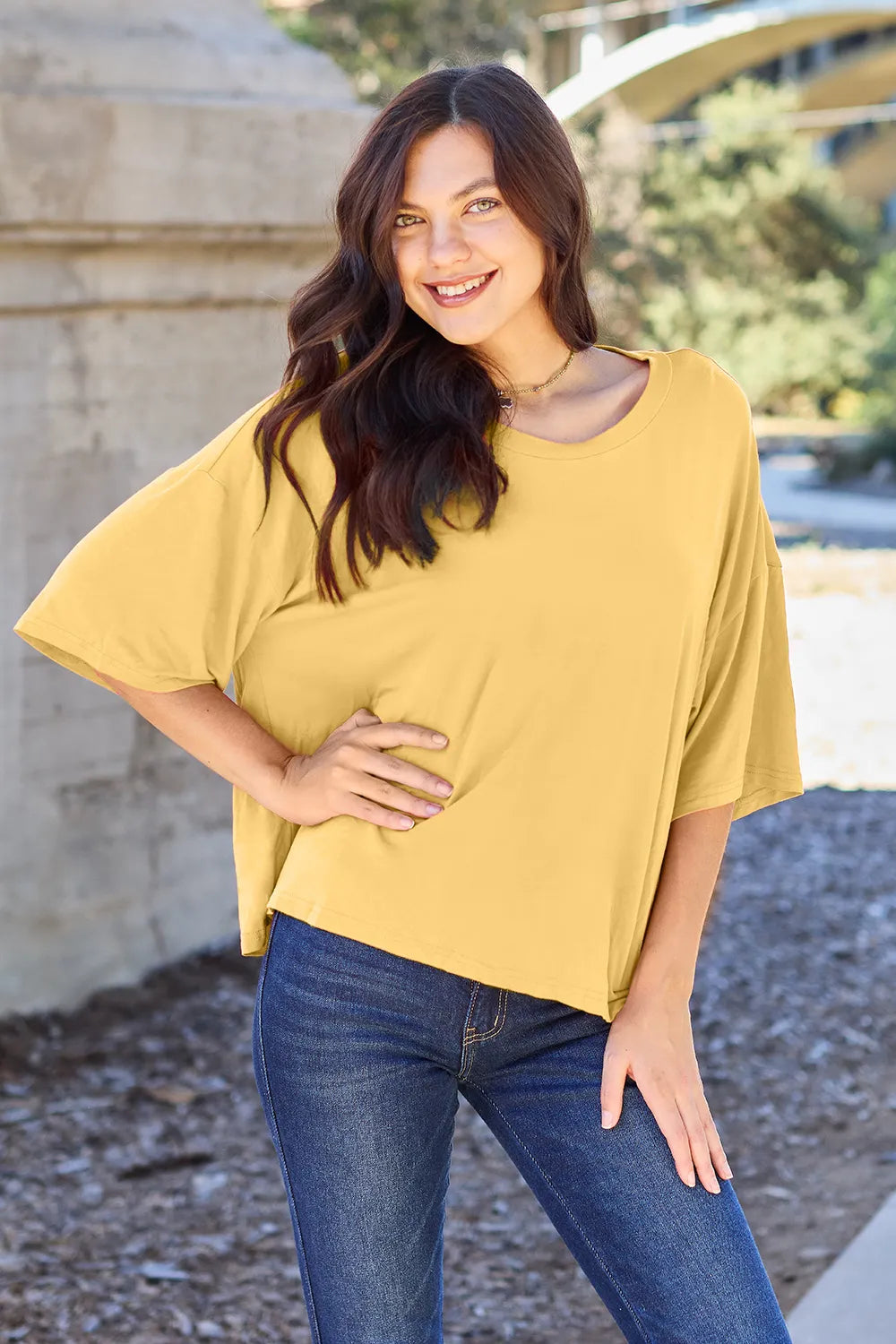 Basic Bae Bamboo Full Size Round Neck Drop Shoulder T-Shirt Yellow OutfitFlow