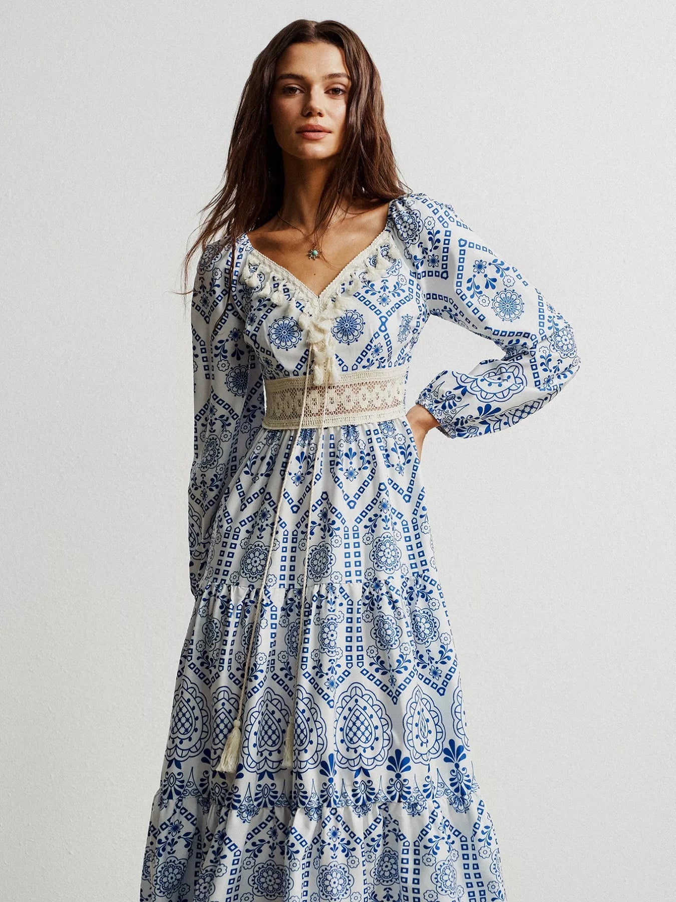 Bohemian Print Midi Dress with Tassel Detail OutfitFlow