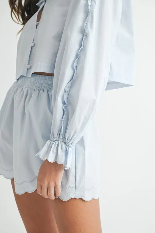 MABLE Long Sleeve Scallop Blouse and Shorts Set OutfitFlow