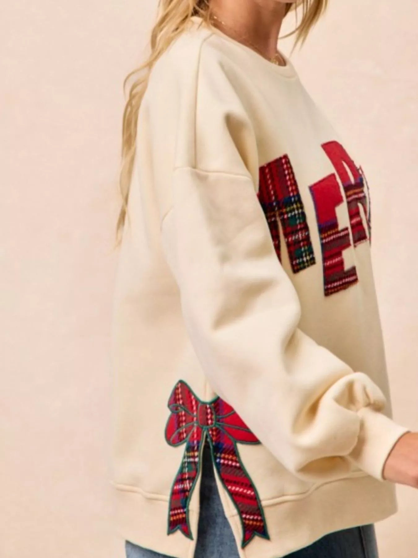 MERRY Bow Slit Crew Neck Christmas Sweatshirt OutfitFlow