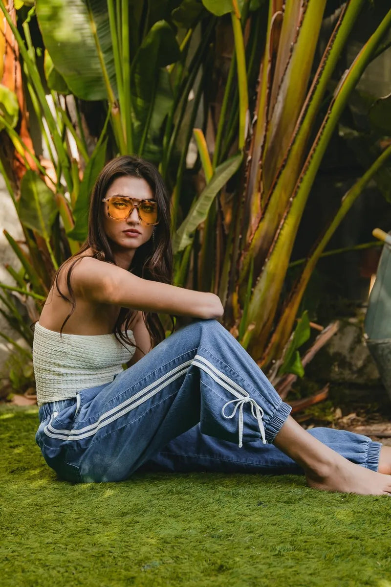 BiBi Striped Tape Details With Bot Tied Point Elastic Waist Jeans OutfitFlow