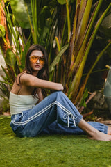 BiBi Striped Tape Details With Bot Tied Point Elastic Waist Jeans OutfitFlow
