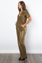 Outfit Flow - Be Stage Surplice Short Sleeve Pleated Foil Jumpsuit