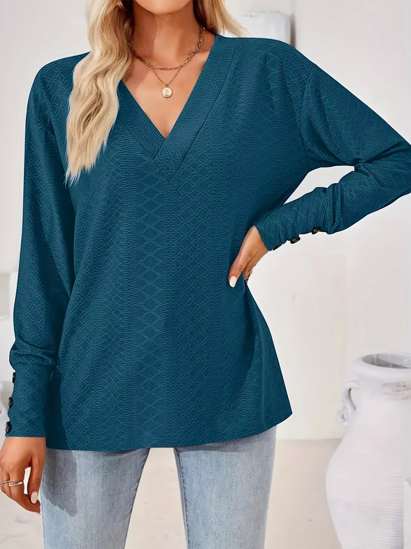 Plus Size V-Neck Textured Long Sleeve T-Shirt OutfitFlow