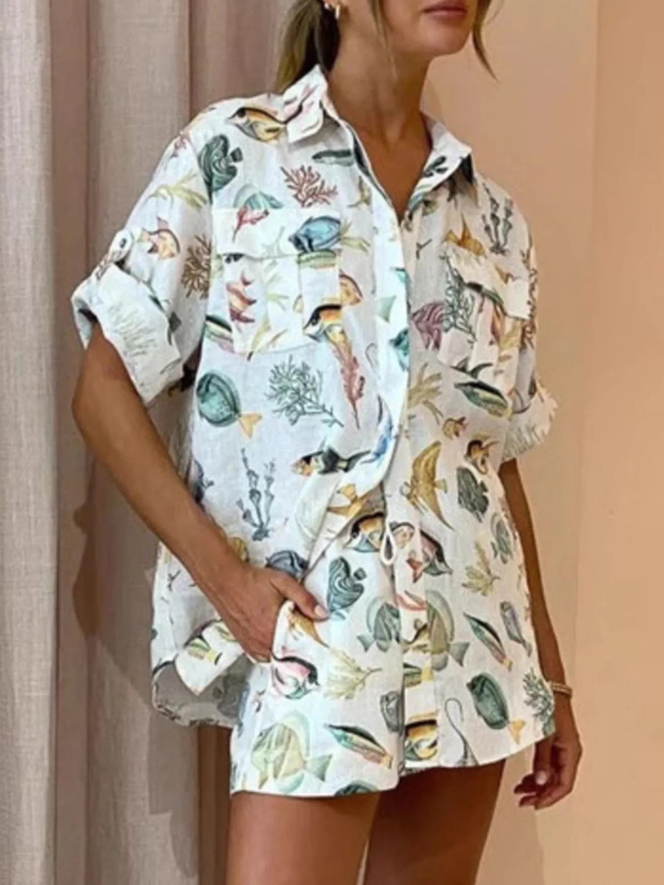 Printed Button Up Shirt and Shorts Set OutfitFlow