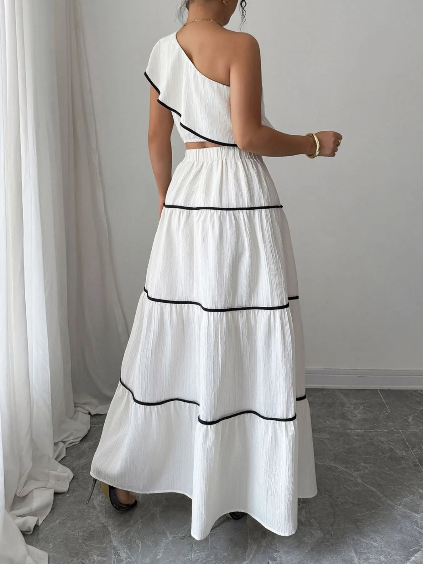 One-Shoulder Ruffle Top and Skirt Two-Piece Set OutfitFlow