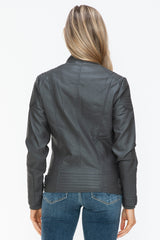 Outfit Flow - Snobbish Faux Leather Biker Jacket with Side Zip Pockets