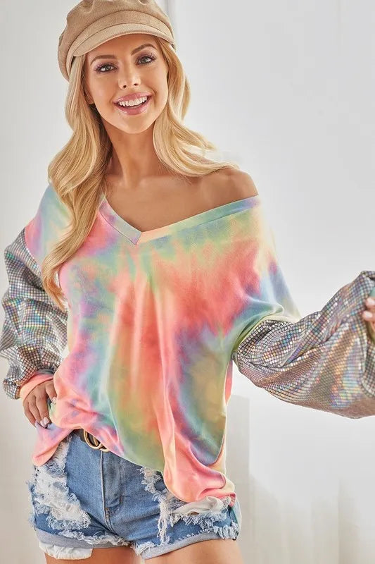 BiBi V Neck Tie Dye French Terry Top with Shiny Trendsi