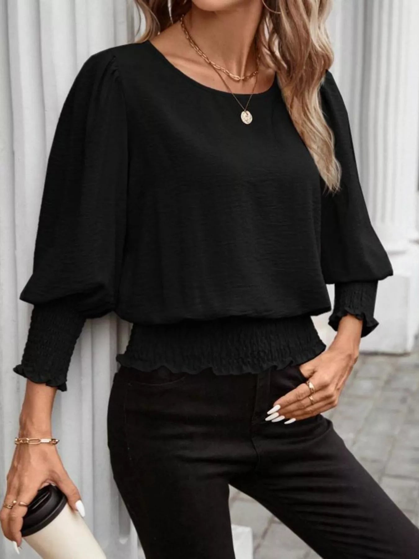 Smocked Waist Round Neck Blouse Black Trendsi