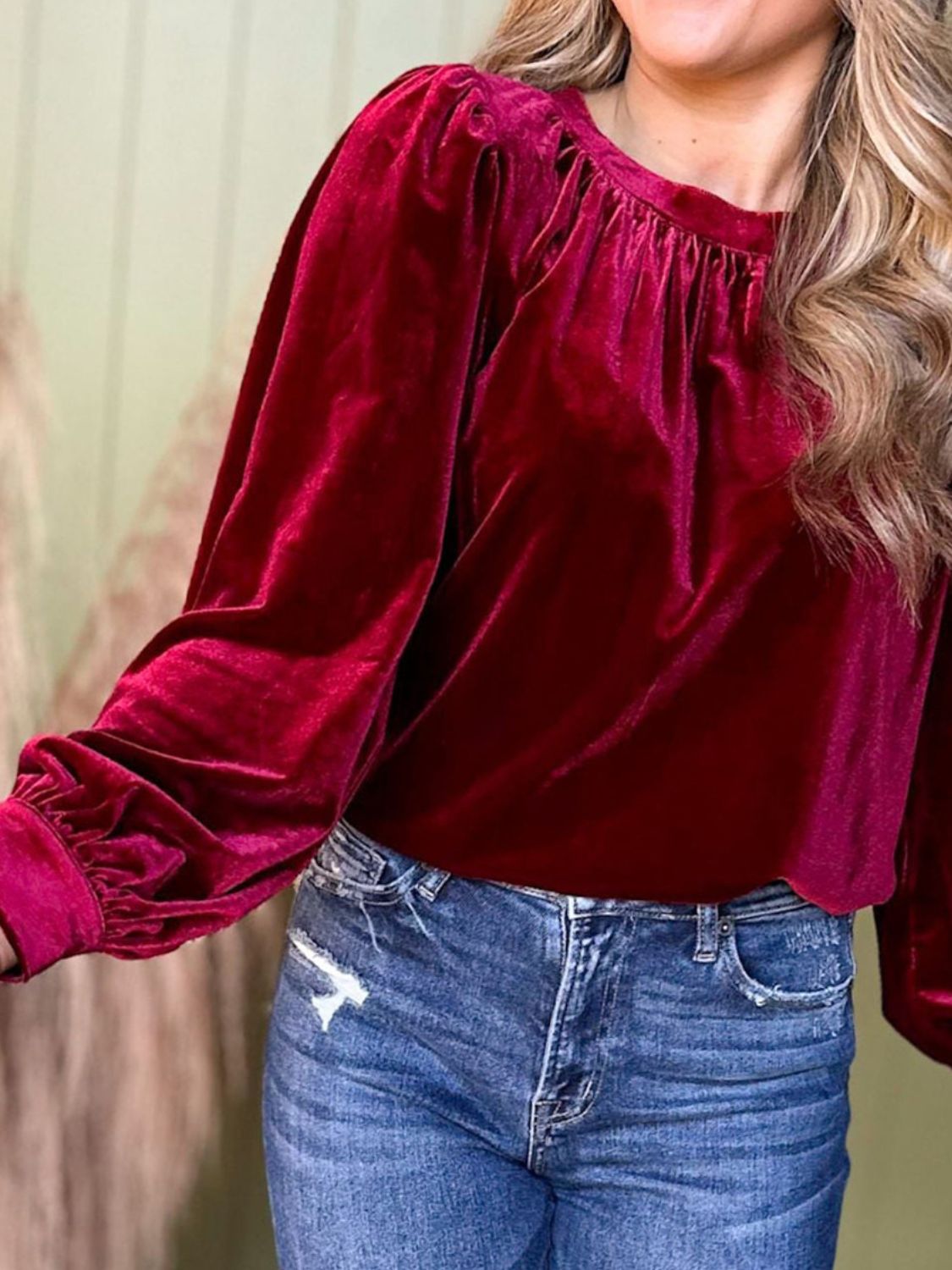 Outfit Flow - Ruched Round Neck Long Sleeve Blouse