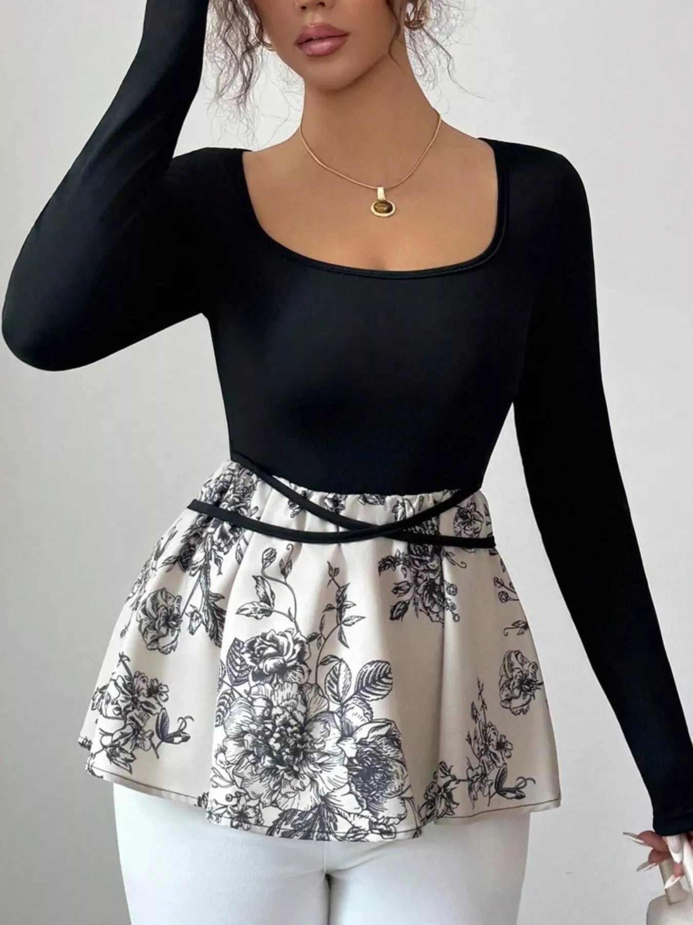 Floral Print Peplum Hem Long Sleeve Top OutfitFlow