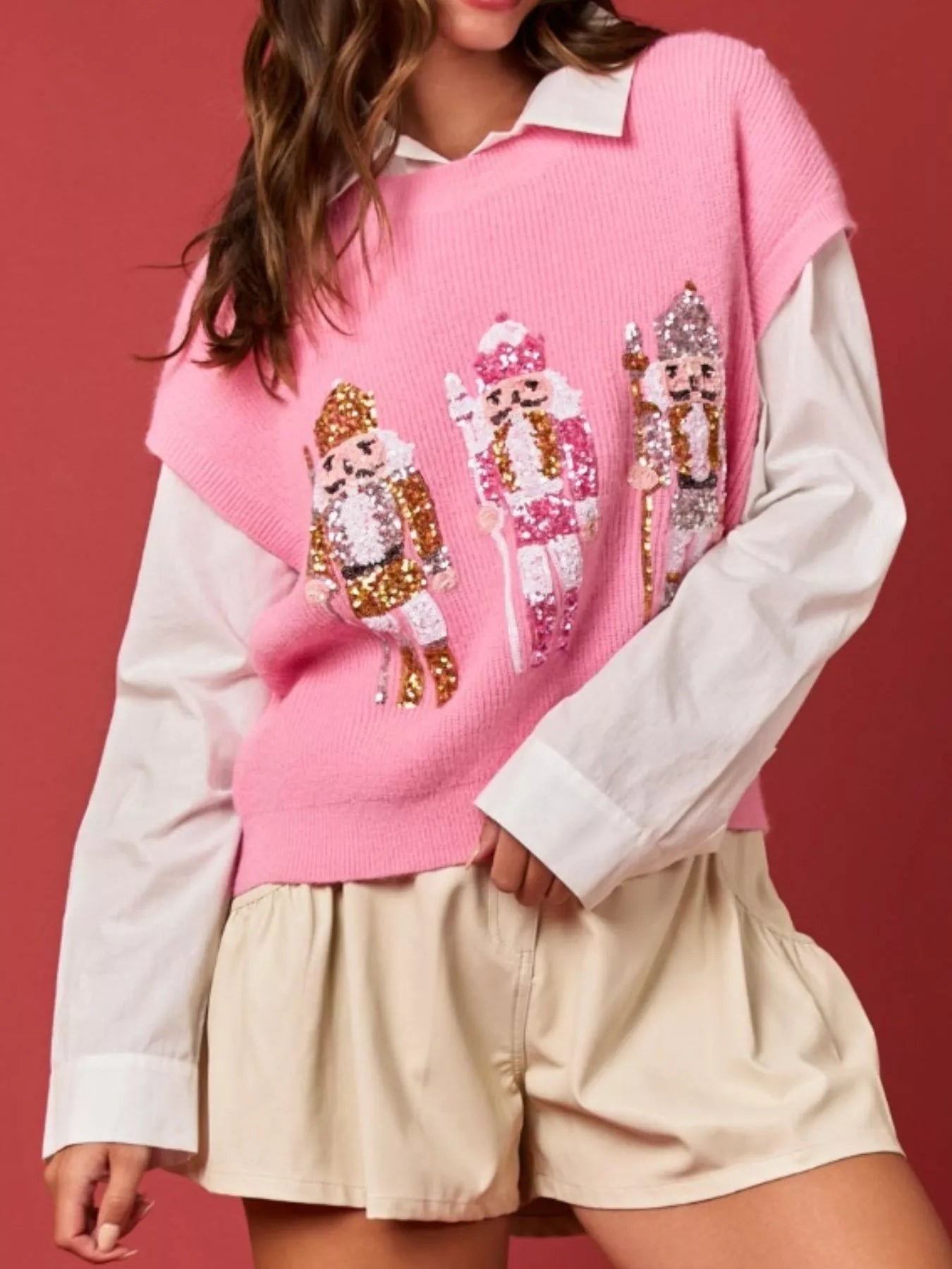 Christmas Sequin Round Neck Sweater Vest OutfitFlow