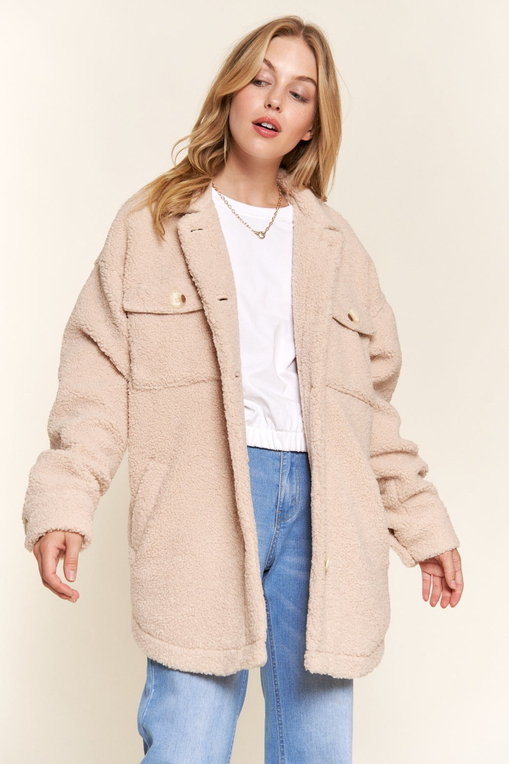 And The Why Teddy Sherpa Button Down Curved Hem Jacket