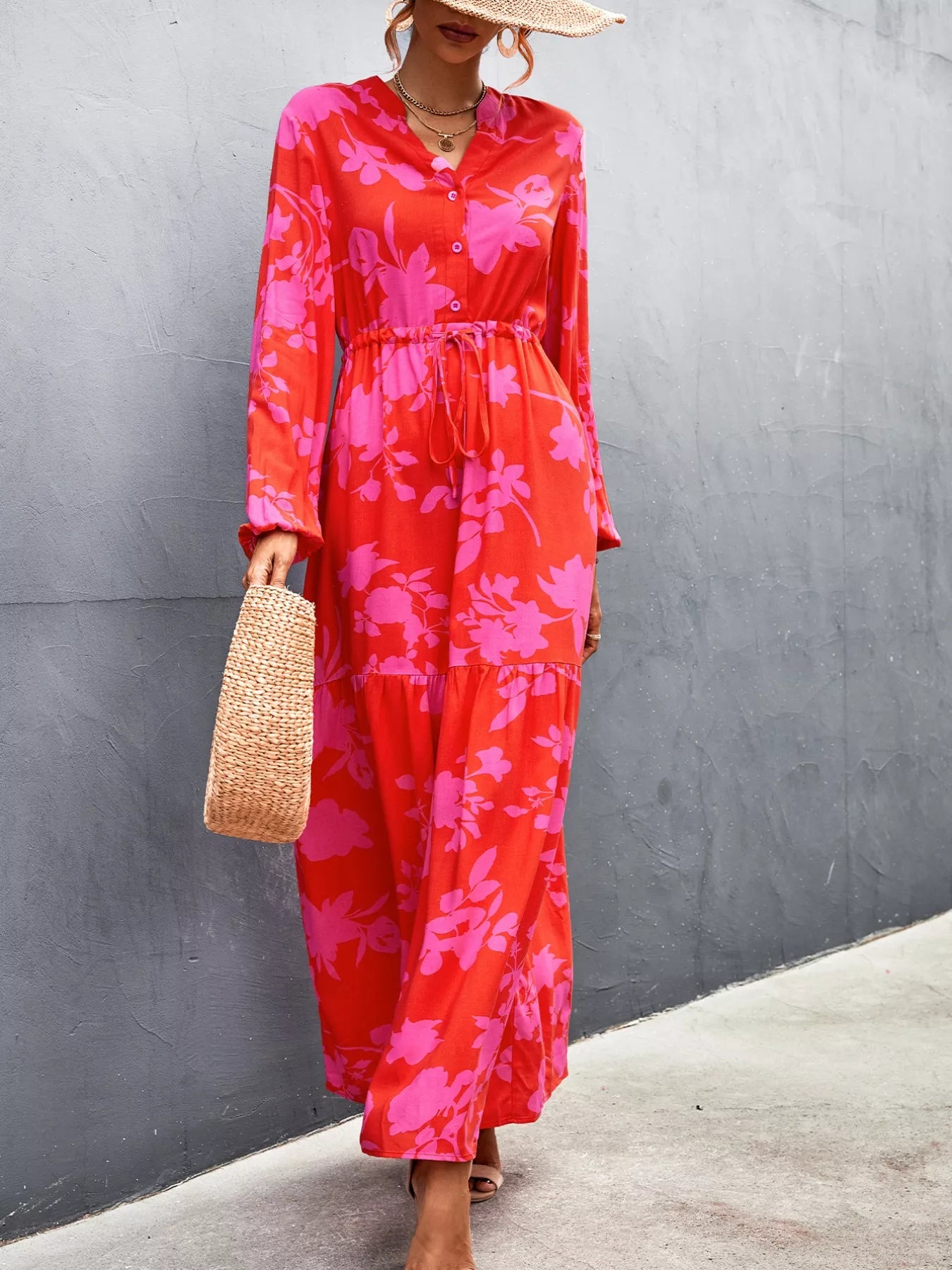 Floral Drawstring Waist Long Sleeve Maxi Dress OutfitFlow
