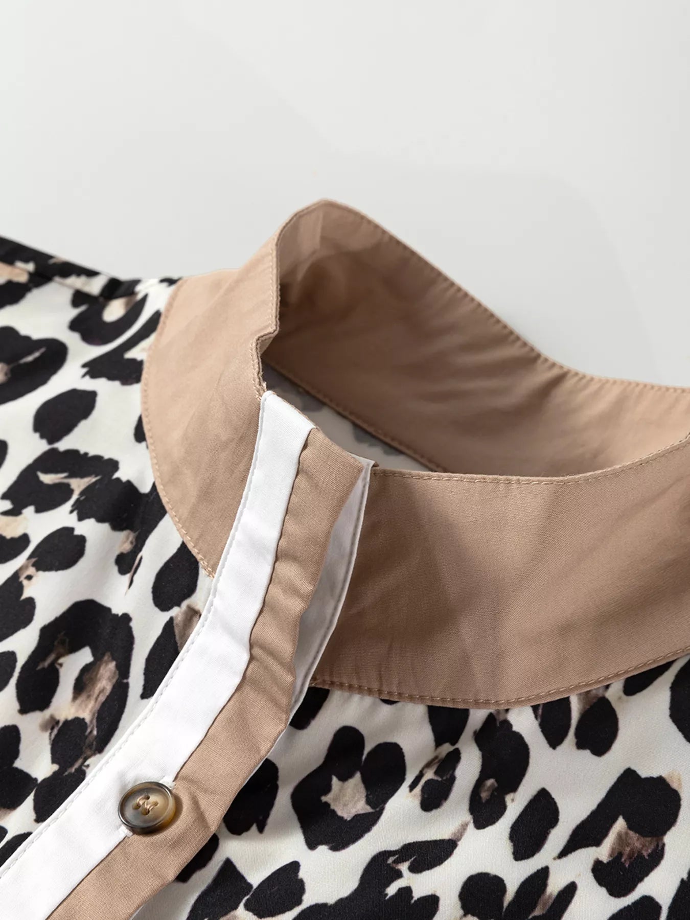 Striped Collar Leopard Print Long Sleeve Flared Dress OutfitFlow