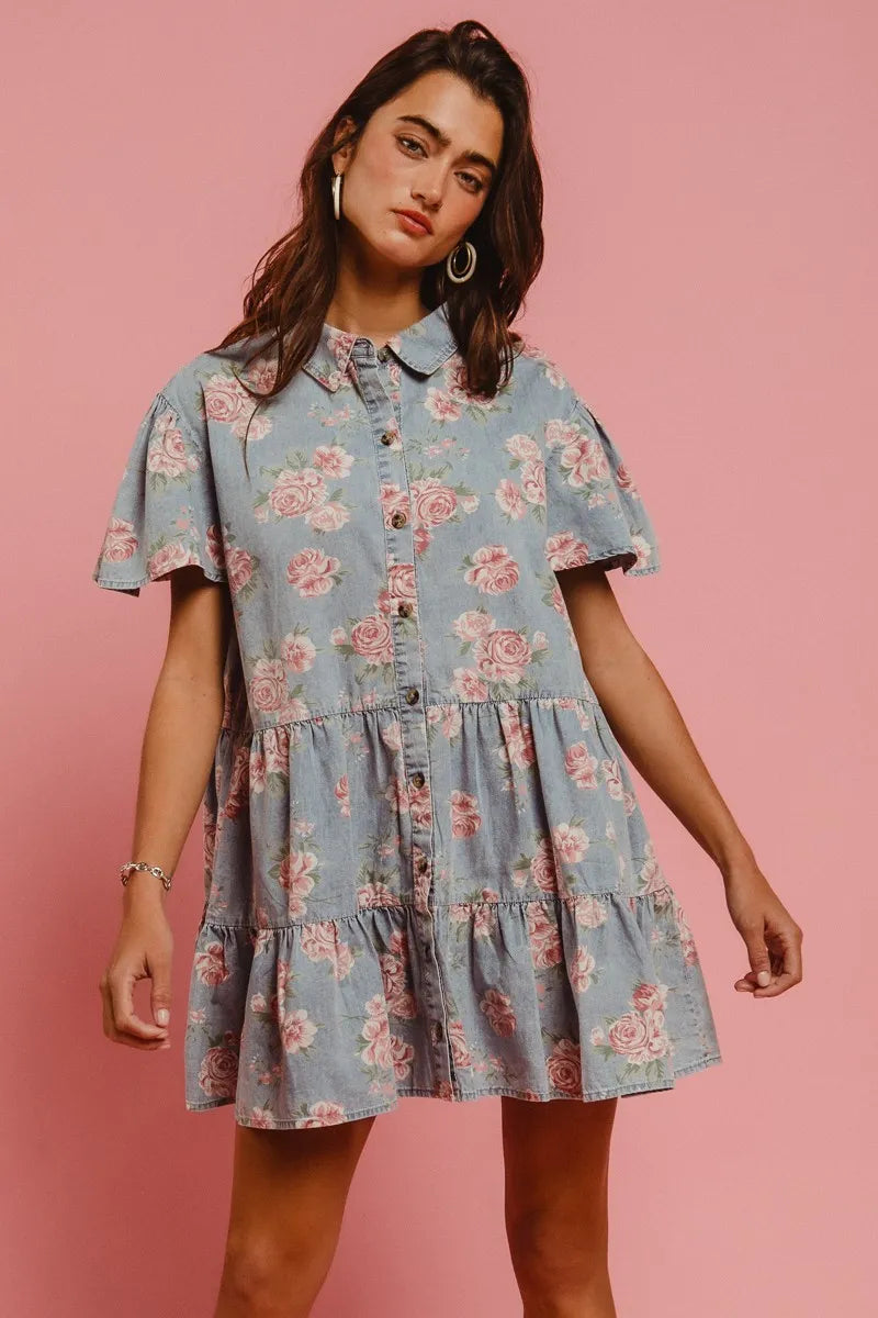 BiBi Floral Print Washed Lightweight Tiered Shirt Dress OutfitFlow