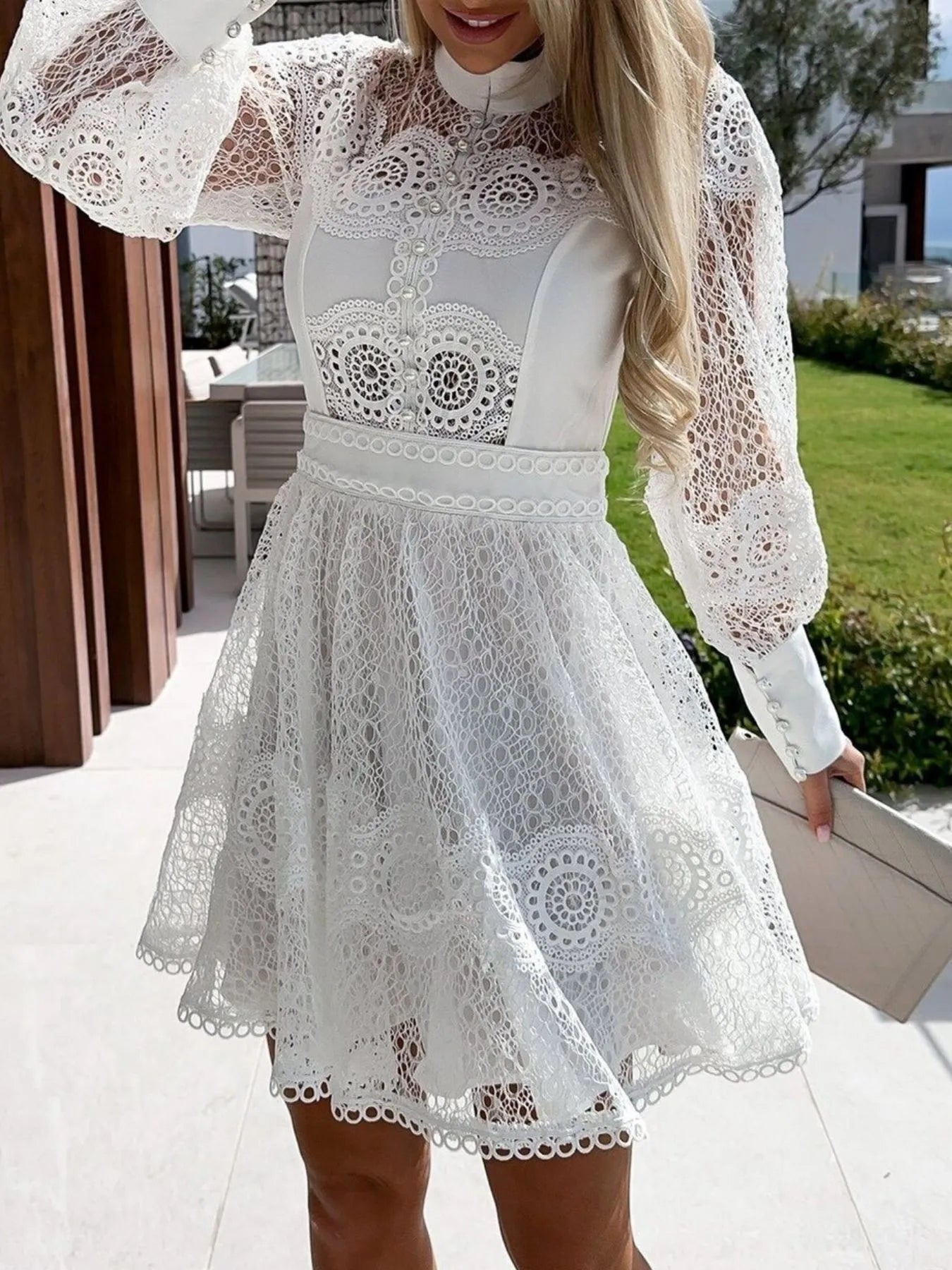 Lace Lantern Sleeve Mini Dress OutfitFlow