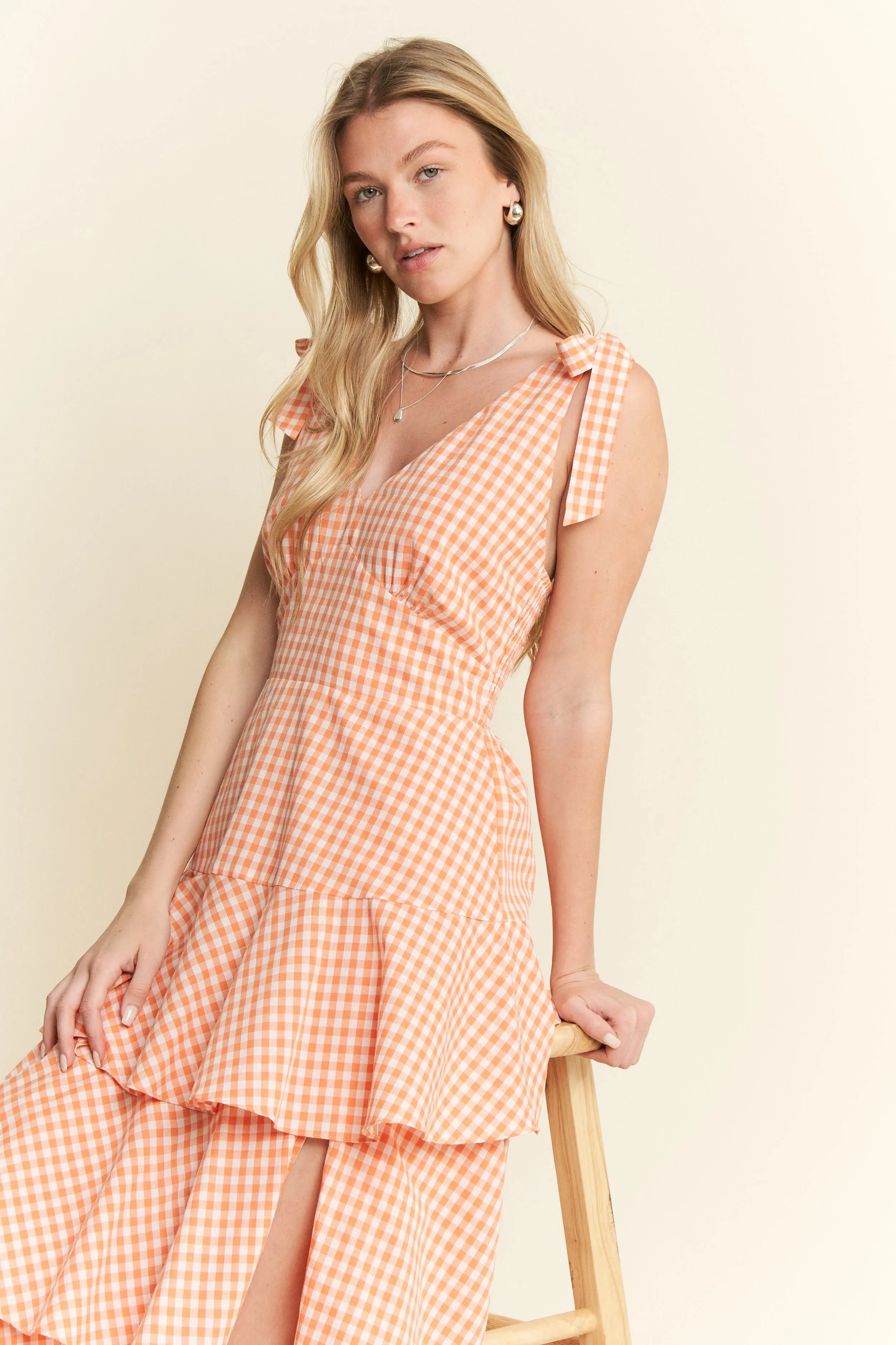 Jade By Jane Sleeveless Gingham Print Tiered Midi Dress OutfitFlow