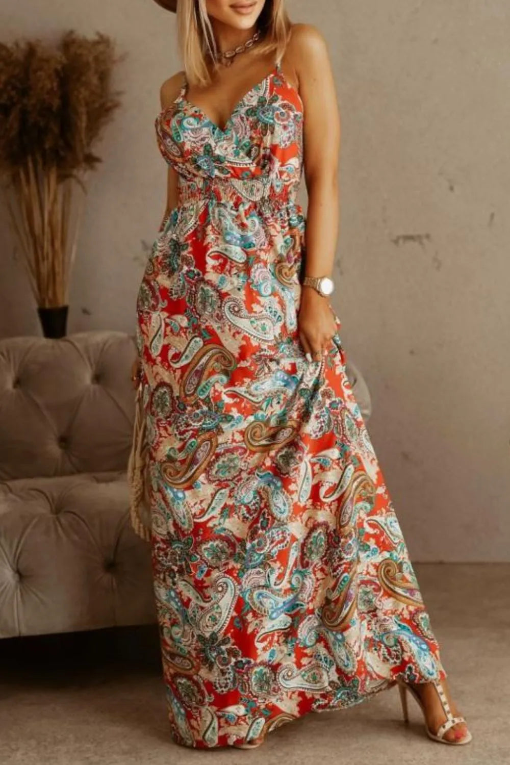 Printed Spaghetti Strap Maxi Dress OutfitFlow