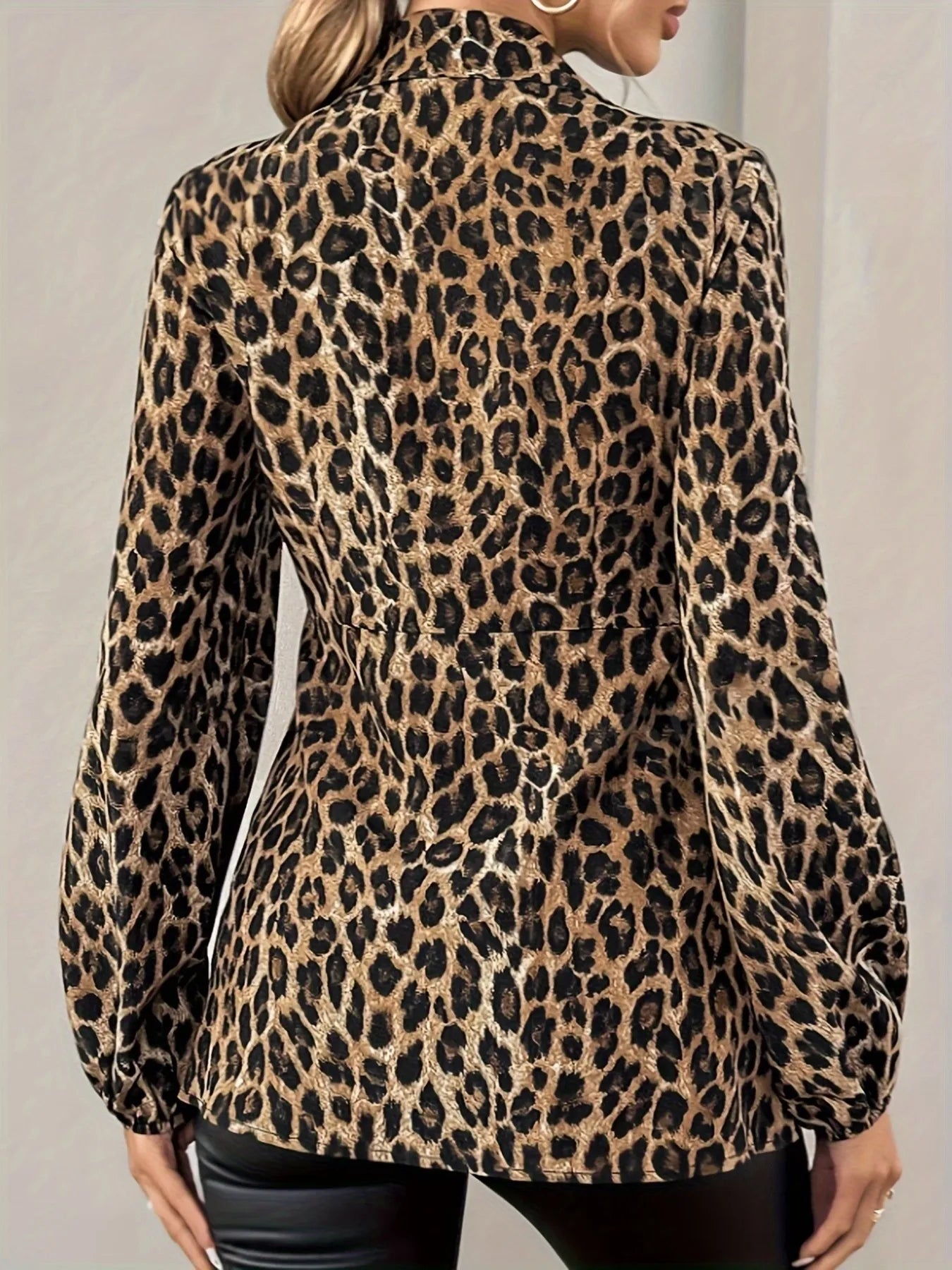 Leopard Tie Front Long Sleeve Blouse OutfitFlow
