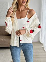 Strawberry Pattern V-Neck Button-Up Cardigan OutfitFlow