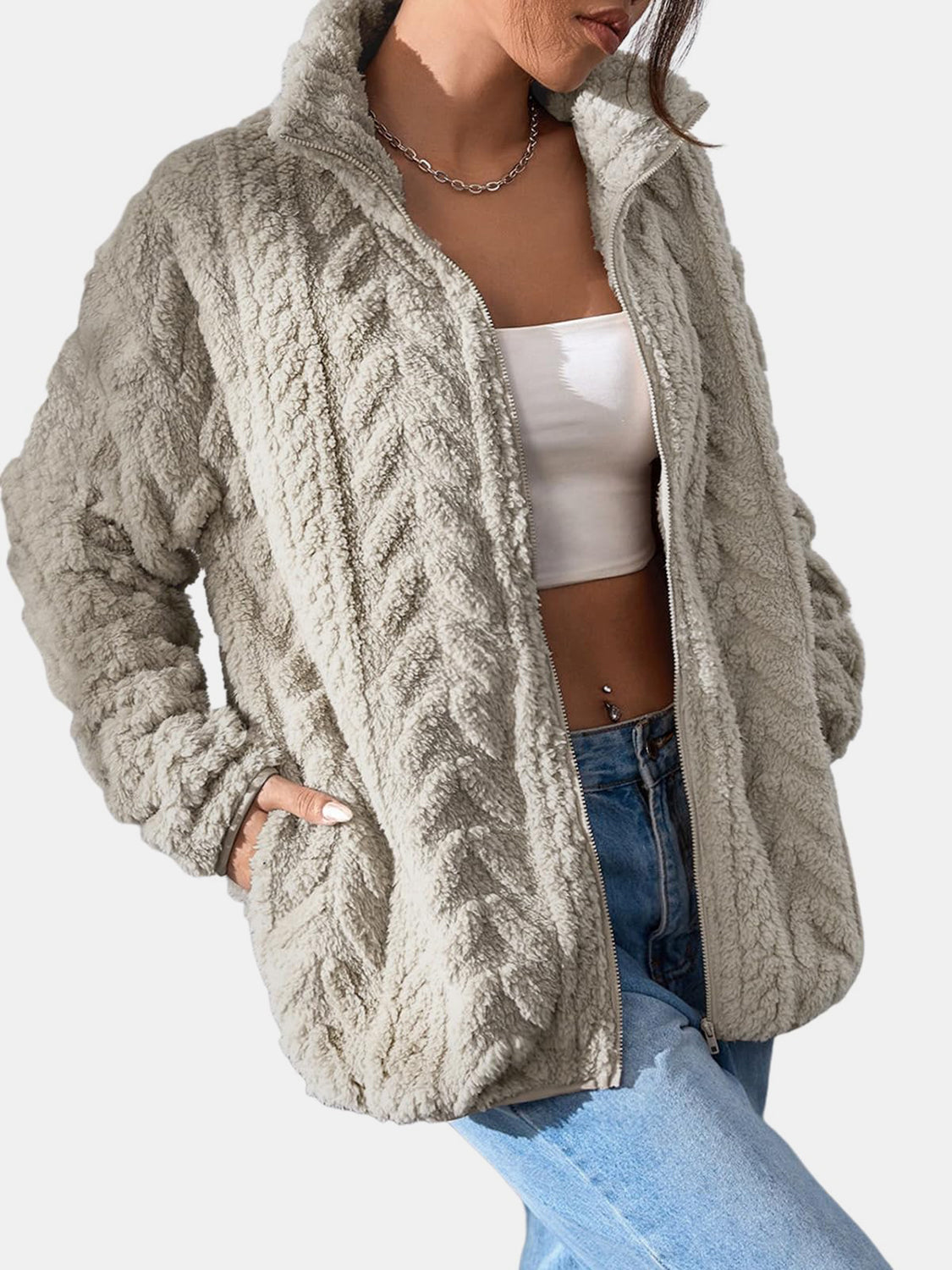 Outfit Flow - Fuzzy Zip Up Long Sleeve Jacket