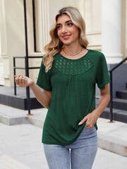 Lace Detail Round Neck Short Sleeve Blouse OutfitFlow