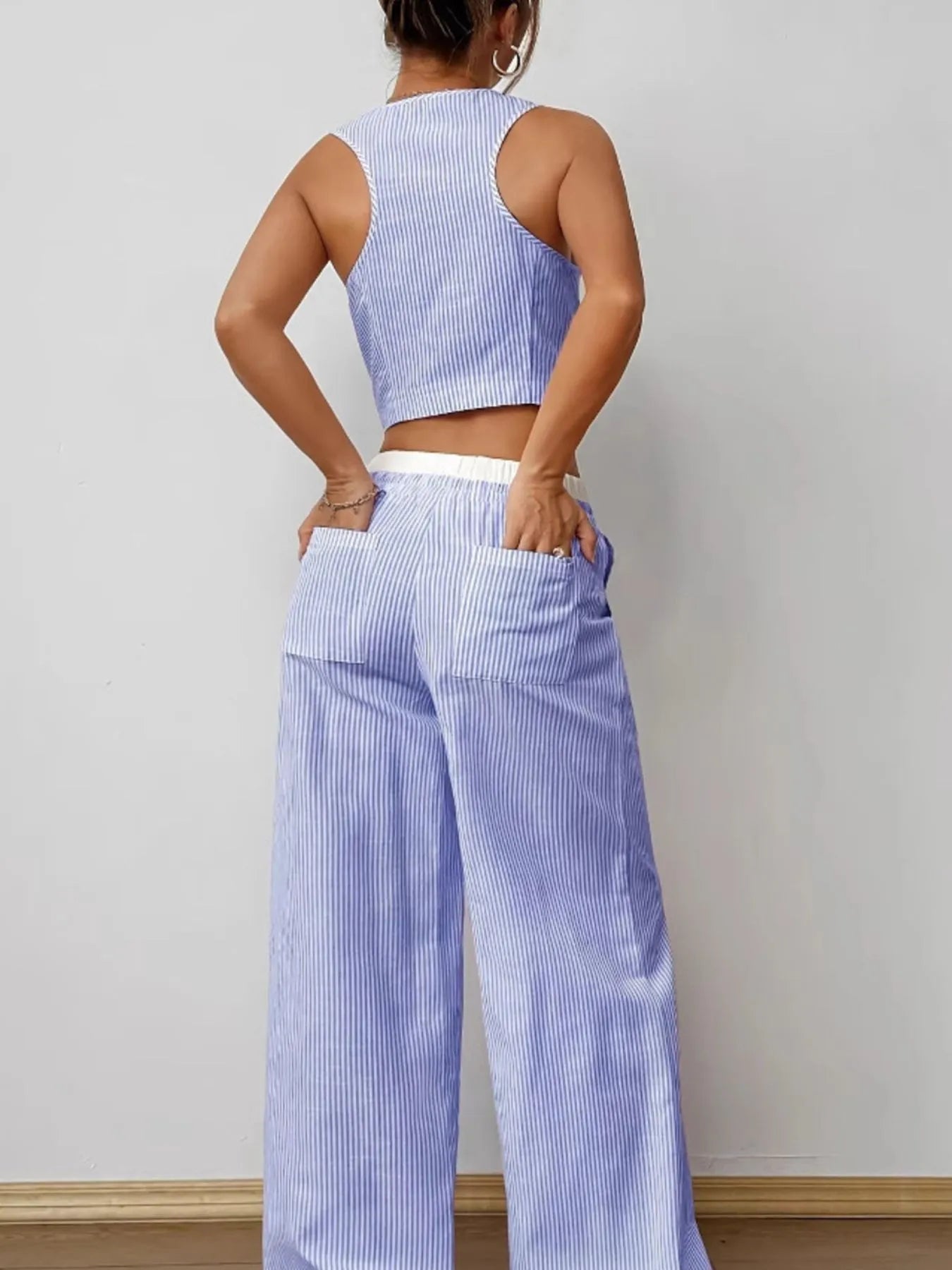 Striped Vest Top and Wide Leg Pants Two-Piece Set OutfitFlow