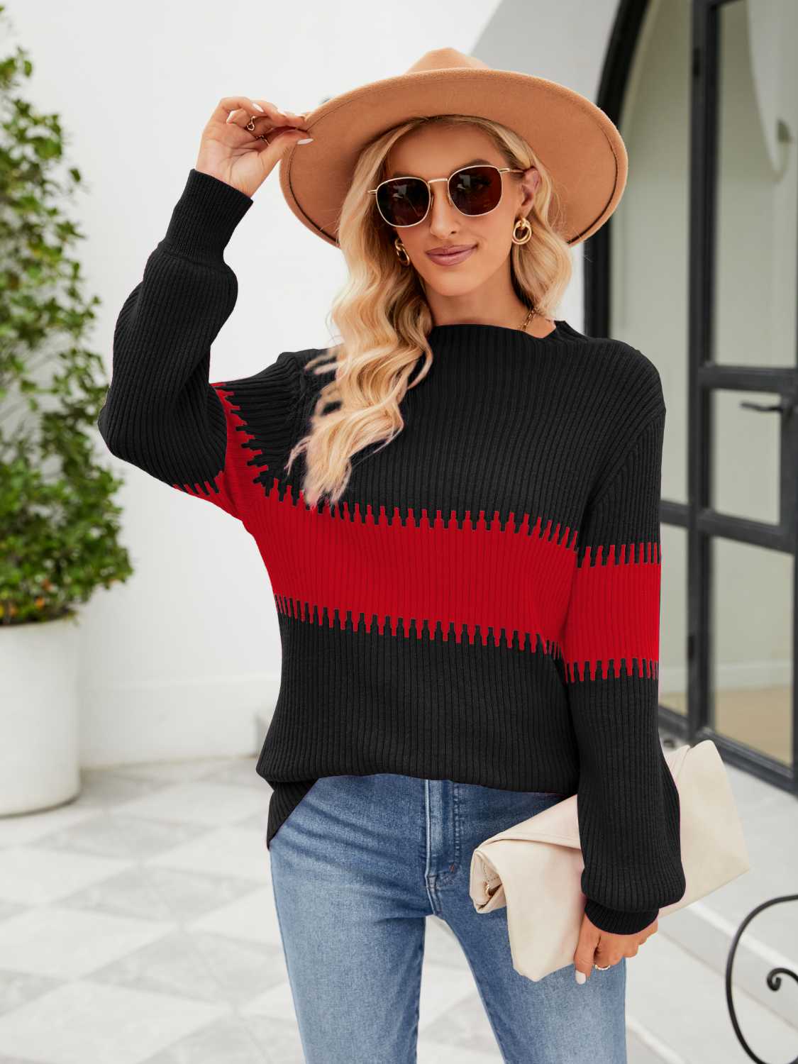 Contrast Round Neck Sweater Deep Red OutfitFlow