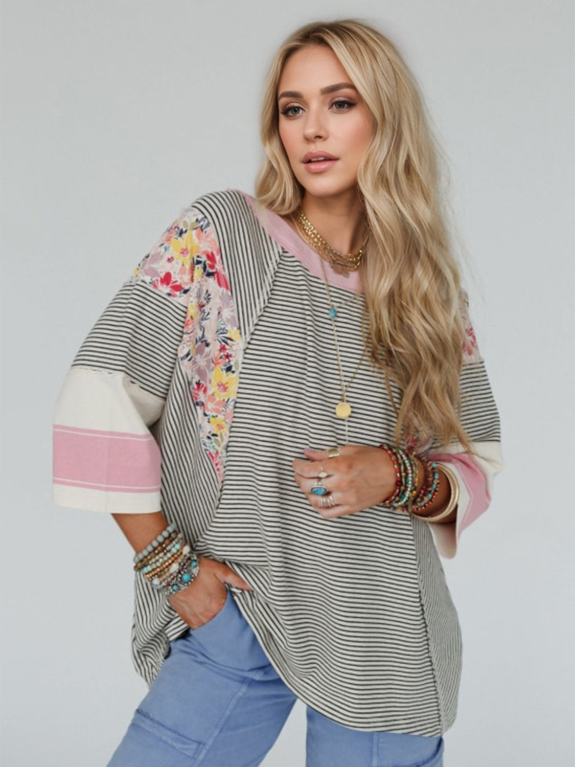 Outfit Flow - Color Block Printed Three-Quarter Sleeve Top