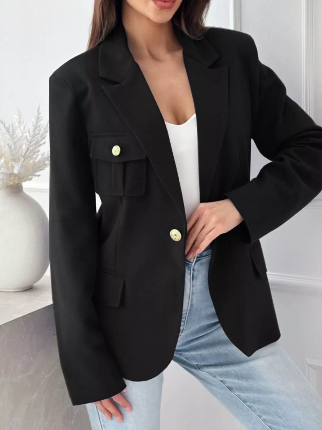 Lapel Collar One Button Blazer Black OutfitFlow