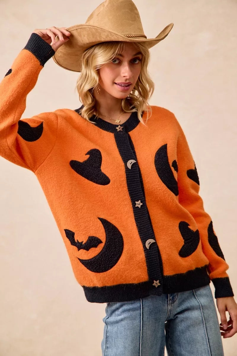 BiBi Halloween Witch Hat Moon Bat Artwork Cardigan Trendsi